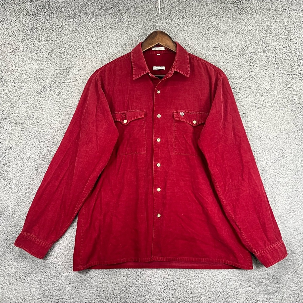 Christian Dior Button Shirt Casual Long Sleeves Corduroy 100% Cotton Red Men L